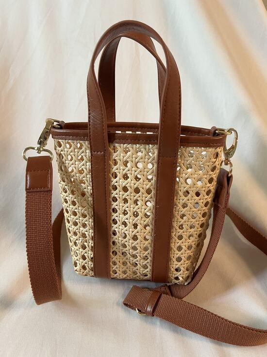 Universal Thread Handbags - Universal Thread Caning Basket Weave Crossbody Purse With Brown Trim Small 7”